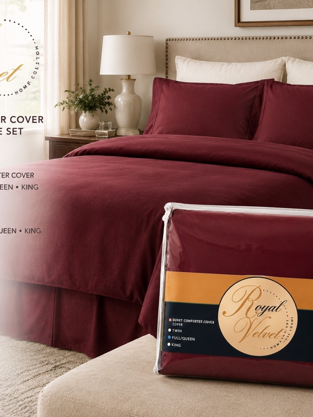 Royal Velvet Burgundy Duvet Comforter Cover & Dust Ruffle Set Full Queen